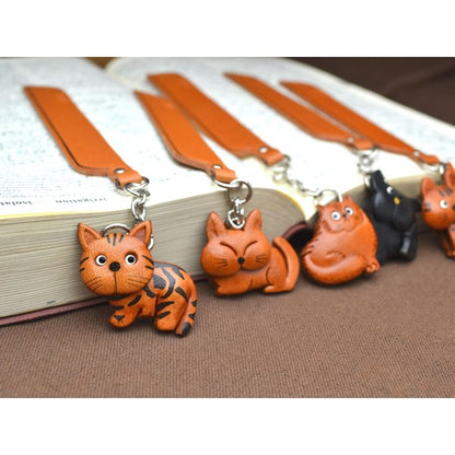 Sleeping Cat Black Leather Charm Bookmarker