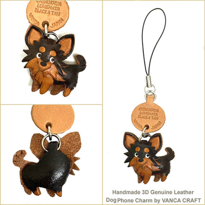 Chihuahua Long Haird/coat Black&Tan Leather Cellularphone Charm