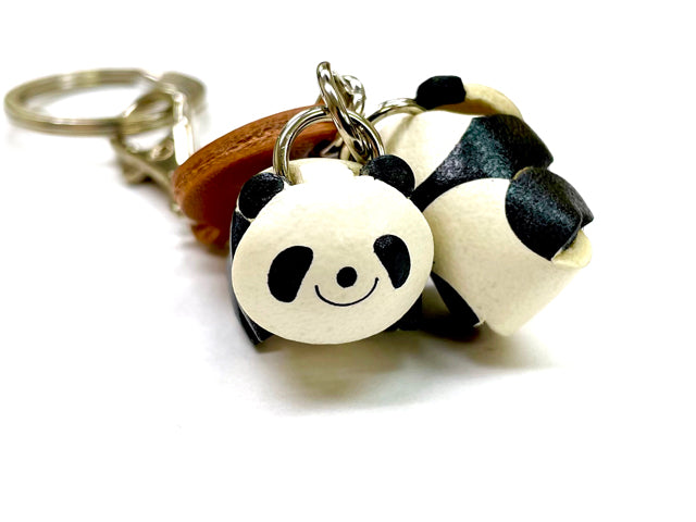Twin Pandas Leather Keychains Animal