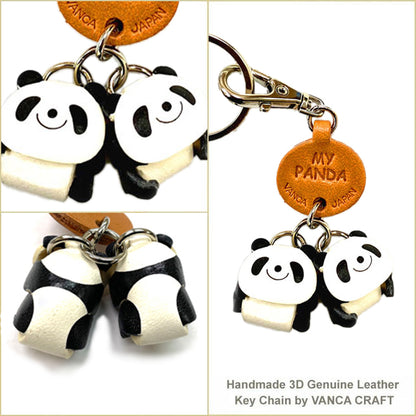 Twin Pandas Leather Keychains Animal