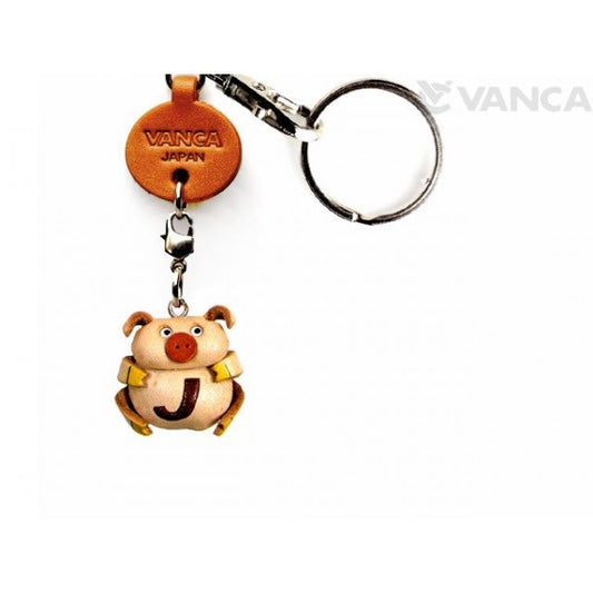 Initial Pig J Leather Animal Keychain