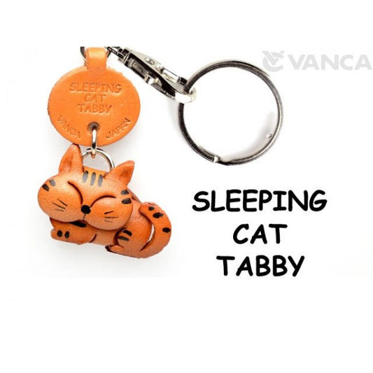 Tabby Sleeping Cat Japanese Leather Keychain