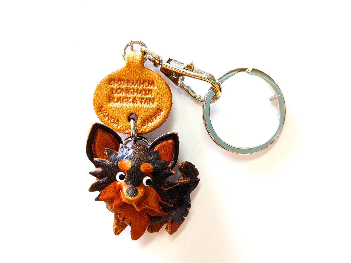 Chihuahua Long Haired Black & Tan Genuine Leather Dog Keychain - Handcrafted 3D, Dog Lover Gift, Artisan Leathercraft, Made in Japan