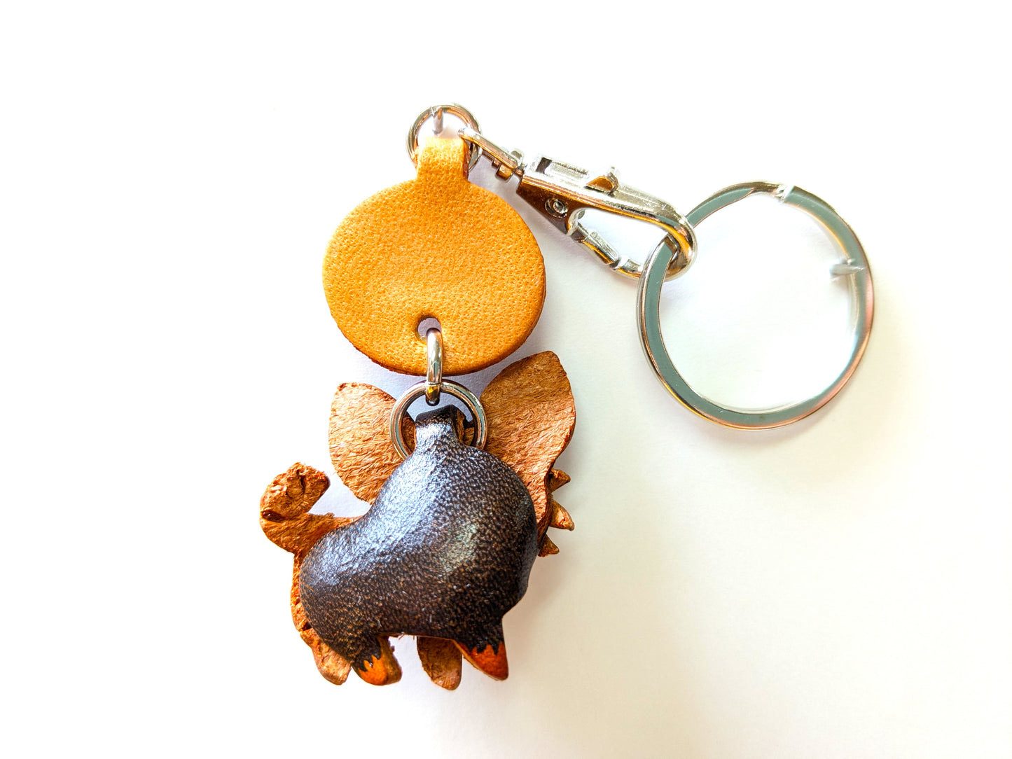 Chihuahua Long Haired Black & Tan Genuine Leather Dog Keychain - Handcrafted 3D, Dog Lover Gift, Artisan Leathercraft, Made in Japan