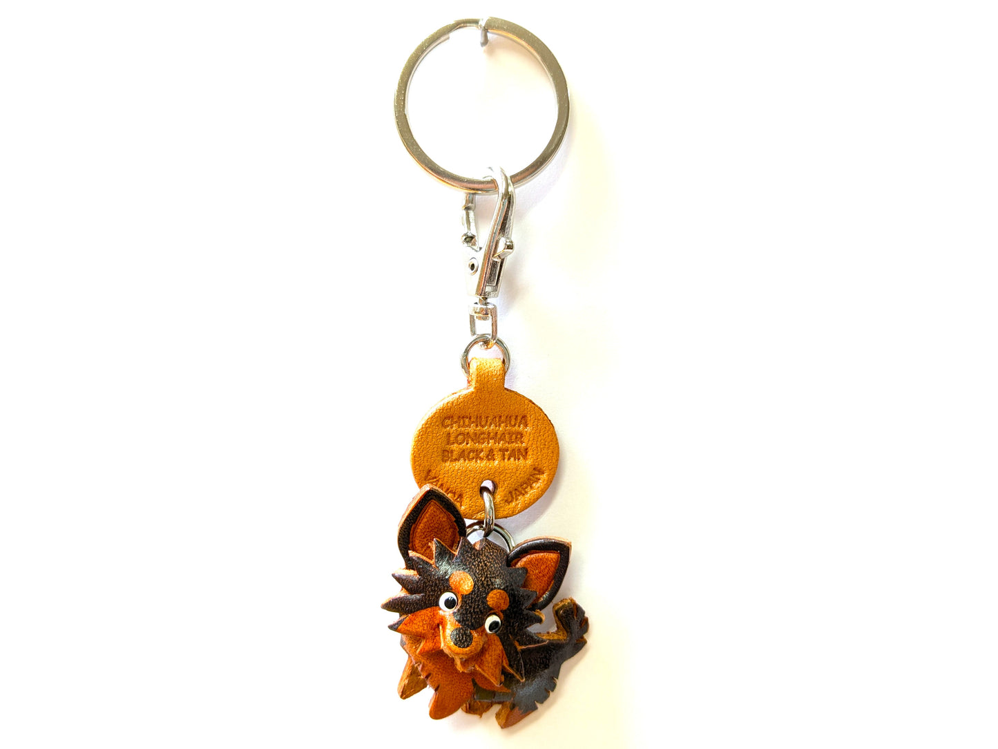 Chihuahua Long Haired Black & Tan Genuine Leather Dog Keychain - Handcrafted 3D, Dog Lover Gift, Artisan Leathercraft, Made in Japan
