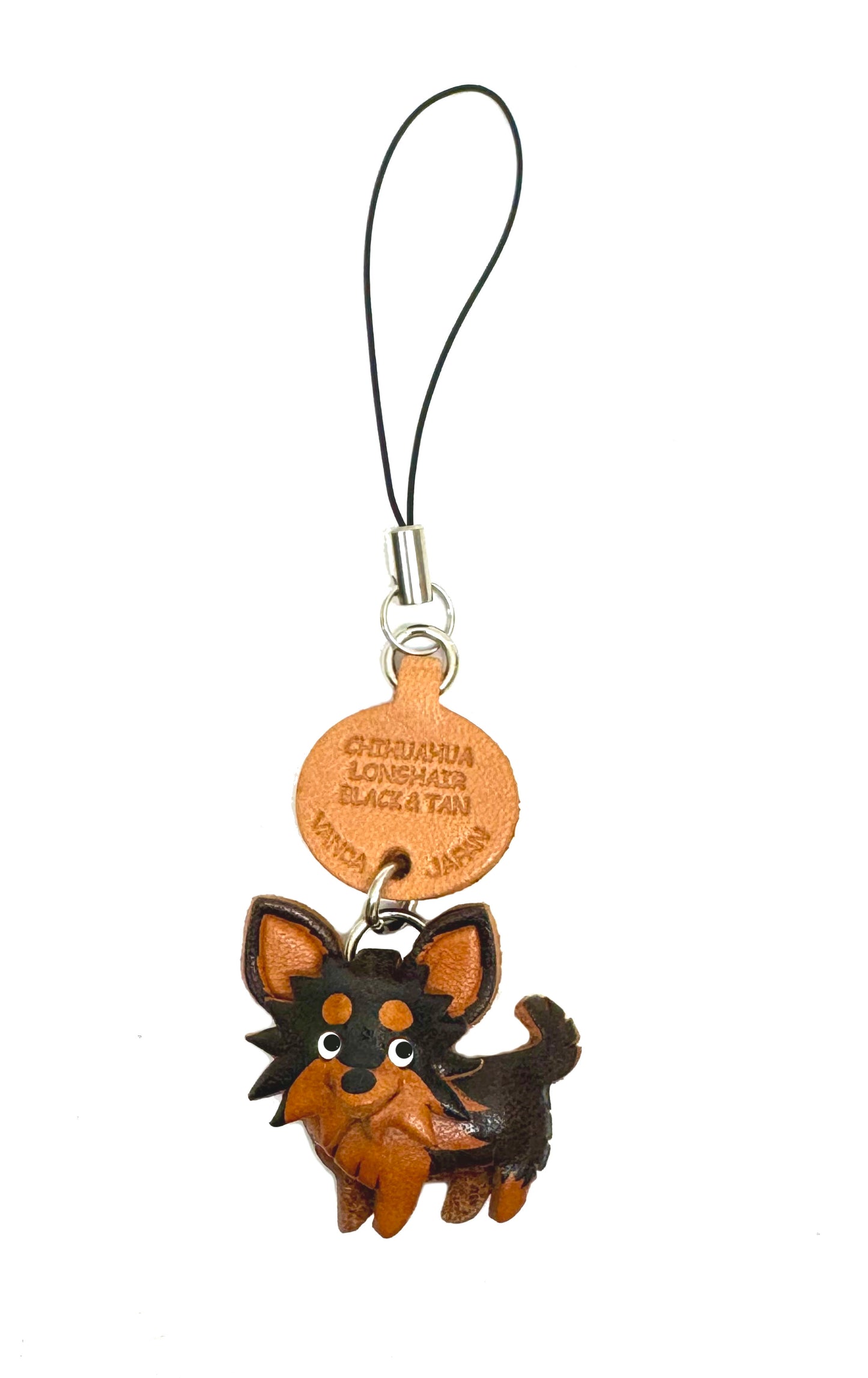 Chihuahua Long Haird/coat Black&Tan Leather Cellularphone Charm