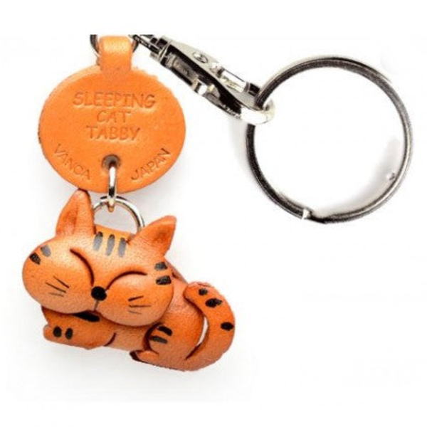 Tabby Sleeping Cat Japanese Leather Keychain