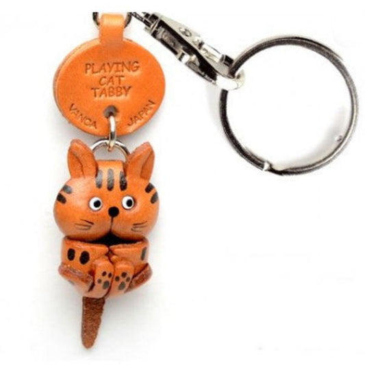Tabby Playing Cat Japanese Leather Keychain