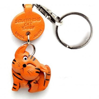 Tabby Scratching Cat Japanese Leather Keychains