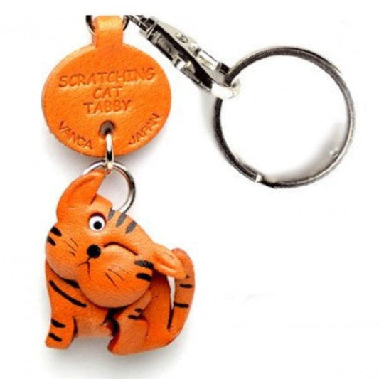 Tabby Scratching Cat Japanese Leather Keychains