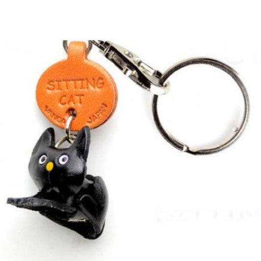 Black Sitting Japanese Leather Keychains Cat