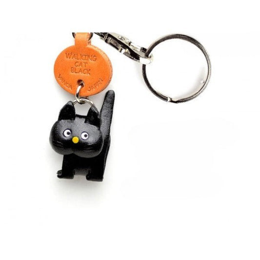 Black Walking Japanese Leather Keychains Cat