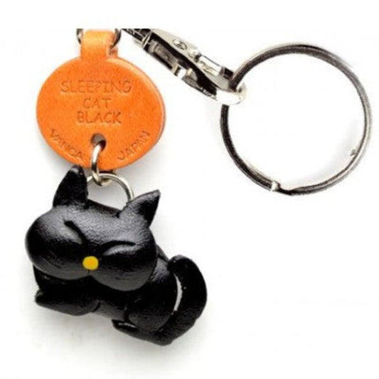 Black Sleeping Japanese Leather Keychains Cat