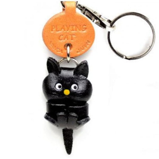Black Playing Japanese Leather Keychains Cat