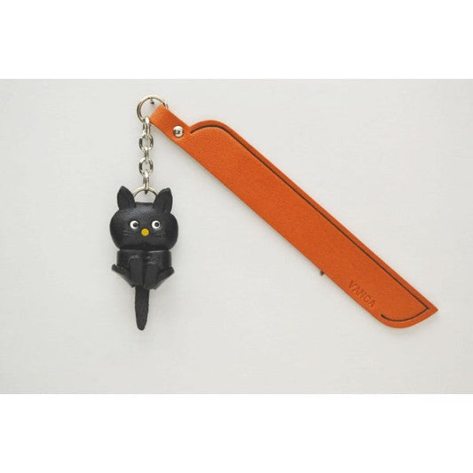 Playing Cat Black Leather Charm Bookmarker