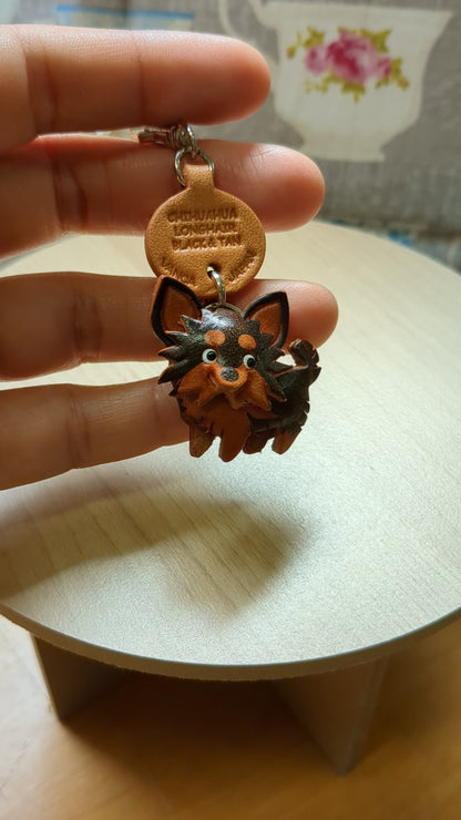 Chihuahua Long Haired Black & Tan Genuine Leather Dog Keychain - Handcrafted 3D, Dog Lover Gift, Artisan Leathercraft, Made in Japan