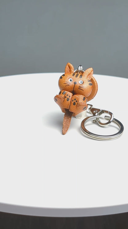Tabby Playing Cat Japanese Leather Keychain