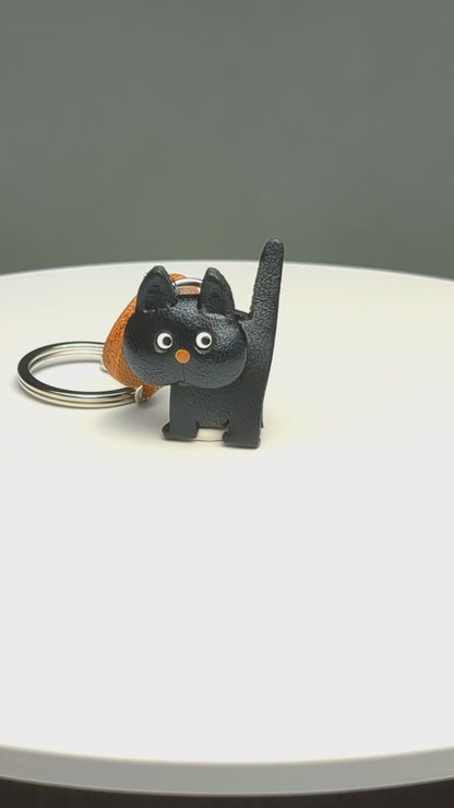 Black Walking Japanese Leather Keychains Cat