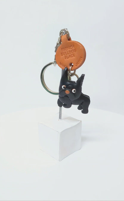 French Bulldog Black Genuine Leather Dog Keychain - Handcrafted 3D, Pet Memorial Gift, Artisan Leathercraft, Made in Japan