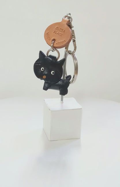 Shiba Dog Black Genuine Leather Dog Keychain - Handcrafted 3D, Pet Memorial Gift, Car Key Fob Charm, Made in Japan
