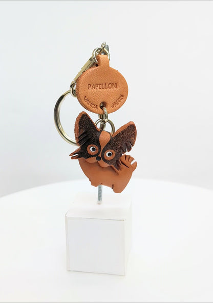 Papillon Leather Dog Keychain