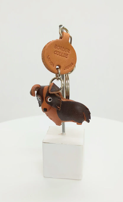Border Collie Leather Dog Keychain